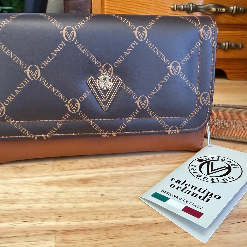 Valentino Orlandi Crossbody Wallet Brown Monogram Chain Strap NWT